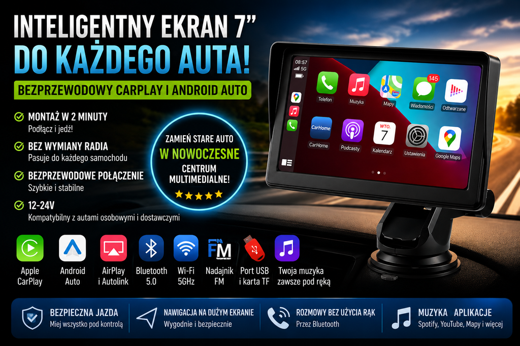 7-calowy inteligentny ekran samochodowy IPS – Wireless CarPlay i Android Auto