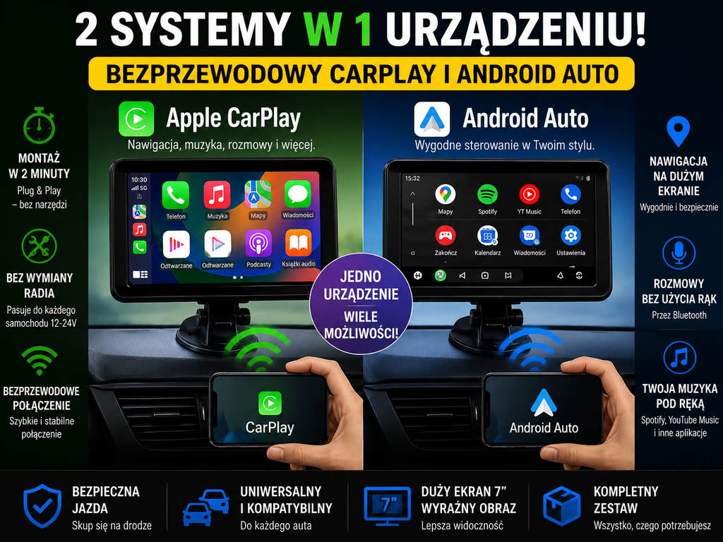 7-calowy inteligentny ekran samochodowy IPS – Wireless CarPlay i Android Auto