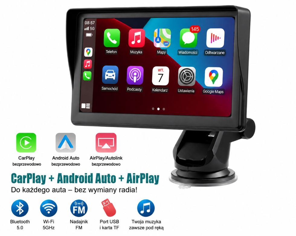 7-calowy inteligentny ekran samochodowy IPS – Wireless CarPlay i Android Auto