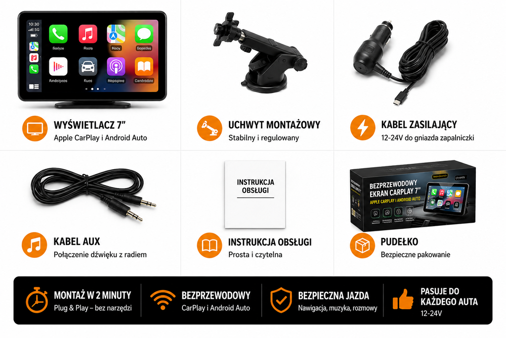 7-calowy inteligentny ekran samochodowy IPS – Wireless CarPlay i Android Auto